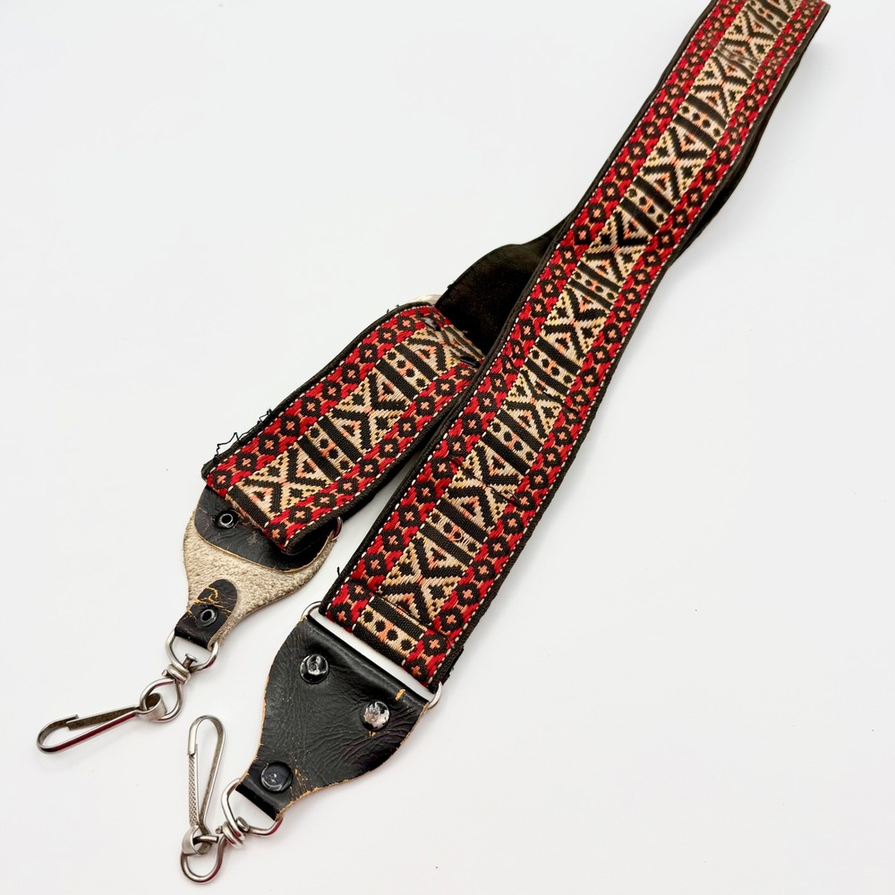 Vintage 70s Woven Camer Strap Red Tan Black Geometric Boho Hippie Leather Ends